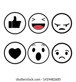 Abstract funny flat style reaction emoji emoticon in black and white color icon set