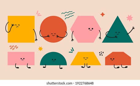 Abstract funny geometric characters. Basic geometry figures face emotions, hands legs. Hand drawn vector illustration