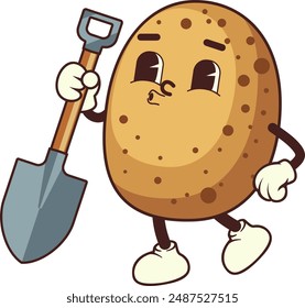 Abstract funny illustration of a walking cartoon potato with shovel. Illustration of cute potato mascot as farmer with a shovel.