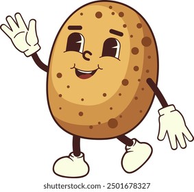 Abstract funny illustration of a walking cartoon potato. Illustration of cute potato mascot, retro cartoon expression.