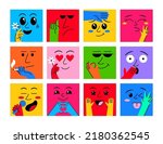 Abstract funny people faces. Doodle poster with square portraits, happy expression smile, different mouth and eyes, hands gestures. Various emotions. Vector illustration scribble characters