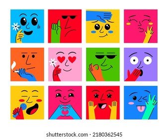 Abstract funny people faces. Doodle poster with square portraits, happy expression smile, different mouth and eyes, hands gestures. Various emotions. Vector illustration scribble characters - Shutterstock ID 2180362545