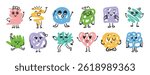 Abstract funny scribble characters different emotions and faces. Cute doodle hand drawn characters set. Vector illustration