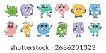 Abstract funny scribble characters different emotions and faces. Cute doodle hand drawn characters set. Vector illustration