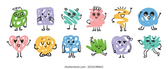 Abstract funny scribble characters different emotions and faces. Cute doodle hand drawn characters set. Vector illustration