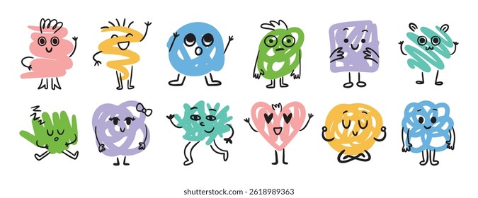 Abstract funny scribble characters different emotions and faces. Cute doodle hand drawn characters set. Vector illustration