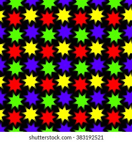 Abstract funny seamless background stained-glass mosaic like pattern with bright coloured starry blots  isolated on the black fond. Vector illustration eps