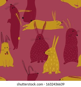 Abstract funny seamless pattern with cute rabbits. Baby nursery wallpaper.