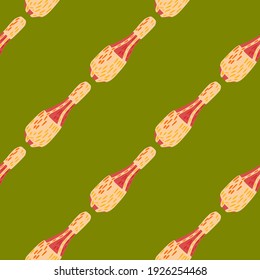 Abstract funny seamless trick pattern with simple juggler maces ornament. Green bright background. Vector illustration for seasonal textile prints, fabric, banners, backdrops and wallpapers.