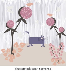 Abstract funny vector background - cat in the garden