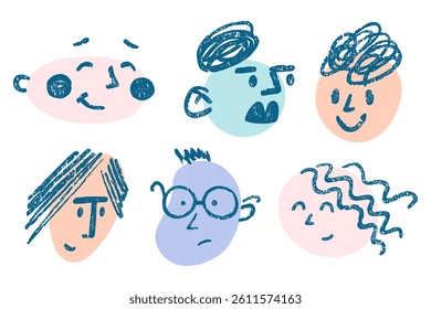 Abstract funny vector faces with different emotions.  Hand drawn comic illustration of cute human characters. Wax crayon childish drawing.