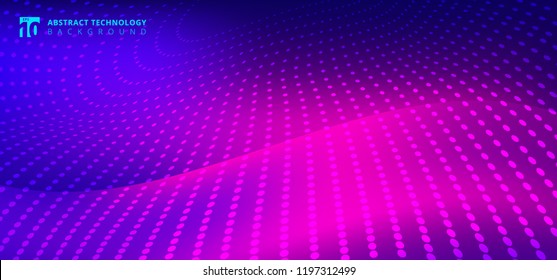 Abstract furturistic technology radial dots pattern on smooth fantasy motion blurred wave pink light trail on blue background. Vector illustration