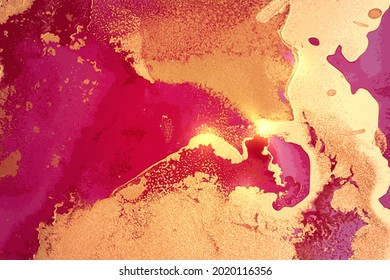 Abstract fuschia and gold background with marble texture and shining glitter. Vector stone surface in alcohol ink technique. Fluid art illustration for poster, flyer, brochure design.