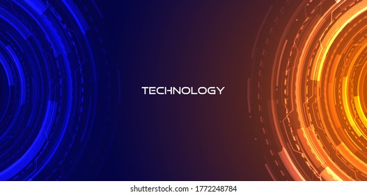 Abstract Future Circle. Concept Innovation Connect Digital Line Engineering In World Digital Technology & Data Computer Network Communication On Blue & Orange Color Background Vector Illustration.