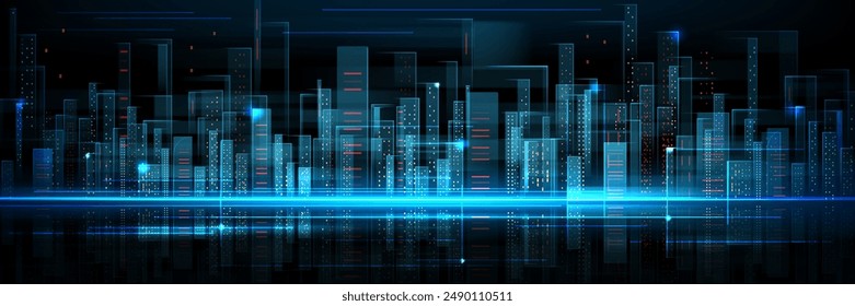 Abstract future city building tech background. Blue digital smart futuristic cityscape concept. Innovation and data hologram for virtual reality. Cyber metaverse network bg. Urban business energy