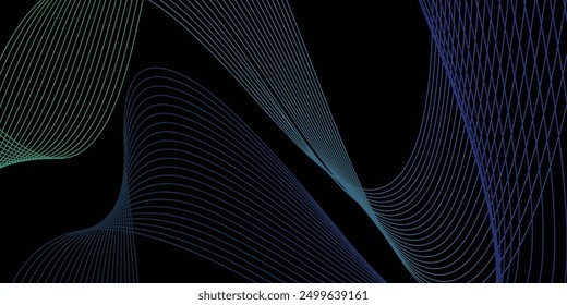 Abstract future digital network technology 3d wave line art flow with dynamic blue green light on black background. Artificial intelligence, internet security or cyberspace tech innovation background.