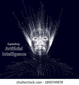 Abstract futuristic 3d  background with head man exploding  lines and dots  on dark. Artificial intelligence. Big data. Business and science futuristic visualization. Big data.