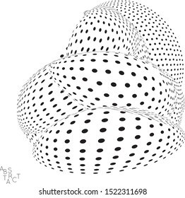 Abstract futuristic 3D dotted shape with visual distortion effect. Optical art background. Warped 3D space. Black and white digital drawing. Futuristic vector illustration isolated.