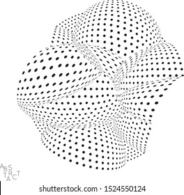 Abstract futuristic 3D dotted shape with visual distortion effect. Optical art background. Warped 3D space. Black and white digital drawing. Futuristic vector illustration isolated.