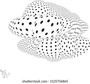 Abstract futuristic 3D dotted shape with visual distortion effect. Optical art background. Warped 3D space. Black and white digital drawing. Futuristic vector illustration isolated.