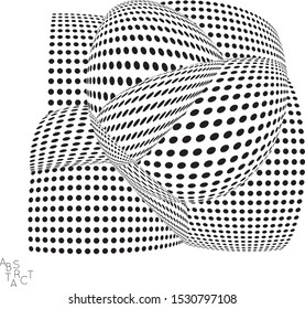 Abstract futuristic 3D dotted shape with visual distortion effect. Optical art background. Warped 3D space. Black and white digital drawing. Futuristic vector illustration isolated.