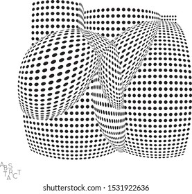 Abstract futuristic 3D dotted shape with visual distortion effect. Optical art background. Warped 3D space. Black and white digital drawing. Futuristic vector illustration isolated.
