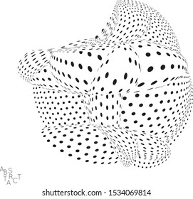 Abstract futuristic 3D dotted shape with visual distortion effect. Optical art background. Warped 3D space. Black and white digital drawing. Futuristic vector illustration isolated.