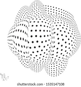 Abstract futuristic 3D dotted shape with visual distortion effect. Optical art background. Warped 3D space. Black and white digital drawing. Futuristic vector illustration isolated.