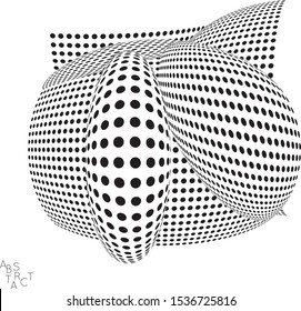 Abstract futuristic 3D dotted shape with visual distortion effect. Optical art background. Warped 3D space. Black and white digital drawing. Futuristic vector illustration isolated.