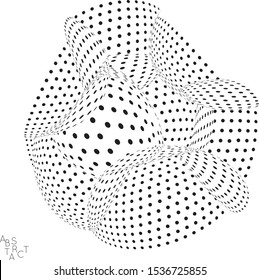 Abstract futuristic 3D dotted shape with visual distortion effect. Optical art background. Warped 3D space. Black and white digital drawing. Futuristic vector illustration isolated.