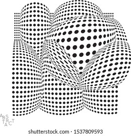 Abstract futuristic 3D dotted shape with visual distortion effect. Optical art background. Warped 3D space. Black and white digital drawing. Futuristic vector illustration isolated.