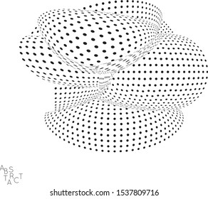 Abstract futuristic 3D dotted shape with visual distortion effect. Optical art background. Warped 3D space. Black and white digital drawing. Futuristic vector illustration isolated.