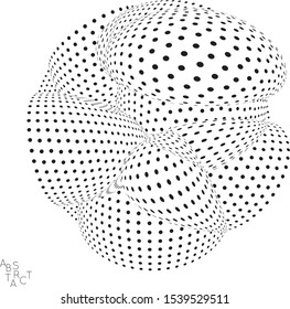 Abstract futuristic 3D dotted shape with visual distortion effect. Optical art background. Warped 3D space. Black and white digital drawing. Futuristic vector illustration isolated.