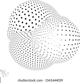 Abstract futuristic 3D dotted shape with visual distortion effect. Optical art background. Warped 3D space. Black and white digital drawing. Futuristic vector illustration isolated.