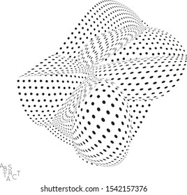 Abstract futuristic 3D dotted shape with visual distortion effect. Optical art background. Warped 3D space. Black and white digital drawing. Futuristic vector illustration isolated.