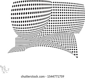 Abstract futuristic 3D dotted shape with visual distortion effect. Optical art background. Warped 3D space. Black and white digital drawing. Futuristic vector illustration isolated.