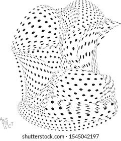 Abstract futuristic 3D dotted shape with visual distortion effect. Optical art background. Warped 3D space. Black and white digital drawing. Futuristic vector illustration isolated.