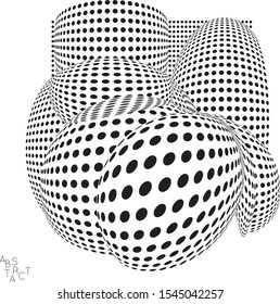 Abstract futuristic 3D dotted shape with visual distortion effect. Optical art background. Warped 3D space. Black and white digital drawing. Futuristic vector illustration isolated.