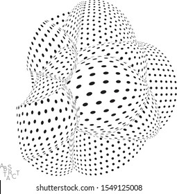 Abstract futuristic 3D dotted shape with visual distortion effect. Optical art background. Warped 3D space. Black and white digital drawing. Futuristic vector illustration isolated.