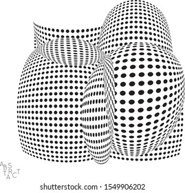 Abstract futuristic 3D dotted shape with visual distortion effect. Optical art background. Warped 3D space. Black and white digital drawing. Futuristic vector illustration isolated.