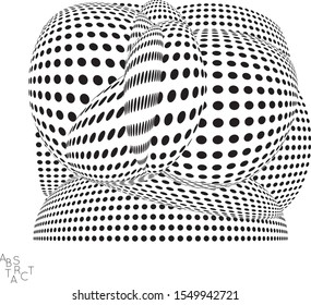 Abstract futuristic 3D dotted shape with visual distortion effect. Optical art background. Warped 3D space. Black and white digital drawing. Futuristic vector illustration isolated.