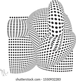 Abstract futuristic 3D dotted shape with visual distortion effect. Optical art background. Warped 3D space. Black and white digital drawing. Futuristic vector illustration isolated.