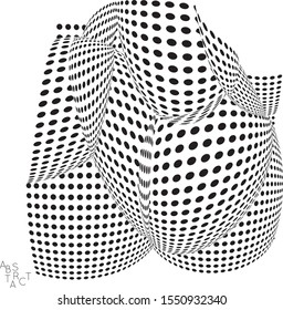Abstract futuristic 3D dotted shape with visual distortion effect. Optical art background. Warped 3D space. Black and white digital drawing. Futuristic vector illustration isolated.