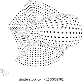Abstract futuristic 3D dotted shape with visual distortion effect. Optical art background. Warped 3D space. Black and white digital drawing. Futuristic vector illustration isolated.