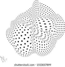 Abstract futuristic 3D dotted shape with visual distortion effect. Optical art background. Warped 3D space. Black and white digital drawing. Futuristic vector illustration isolated.