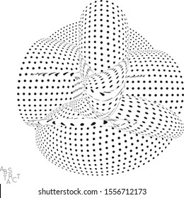 Abstract futuristic 3D dotted shape with visual distortion effect. Optical art background. Warped 3D space. Black and white digital drawing. Futuristic vector illustration isolated.