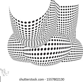 Abstract futuristic 3D dotted shape with visual distortion effect. Optical art background. Warped 3D space. Black and white digital drawing. Futuristic vector illustration isolated.