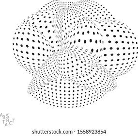 Abstract futuristic 3D dotted shape with visual distortion effect. Optical art background. Warped 3D space. Black and white digital drawing. Futuristic vector illustration isolated.