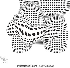 Abstract futuristic 3D dotted shape with visual distortion effect. Optical art background. Warped 3D space. Black and white digital drawing. Futuristic vector illustration isolated.
