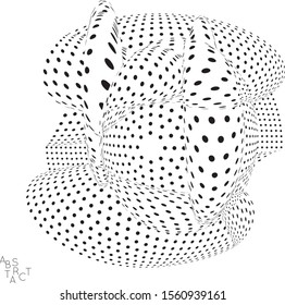 Abstract futuristic 3D dotted shape with visual distortion effect. Optical art background. Warped 3D space. Black and white digital drawing. Futuristic vector illustration isolated.